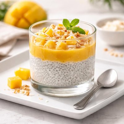 Chia pudding with mango and coconut