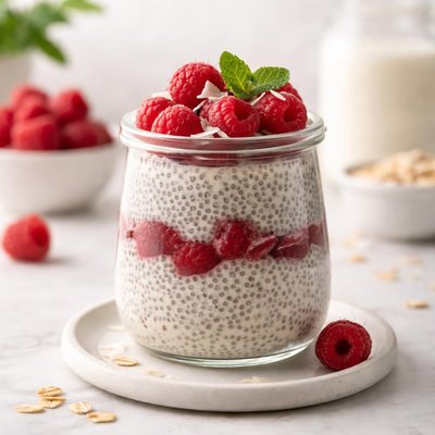 Chia pudding with oat milk and raspberries