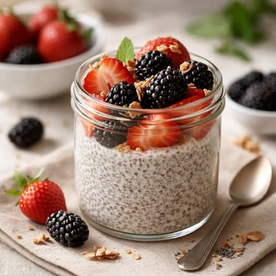 Chia pudding with strawberries and blackberries