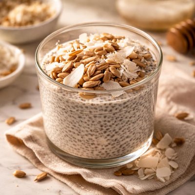 Chia seed pudding with shaved coconut and sunflower seeds