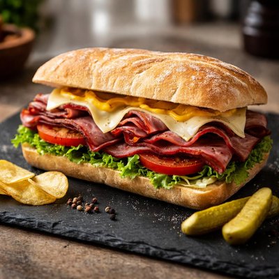 Chibatta pastrami and chesse