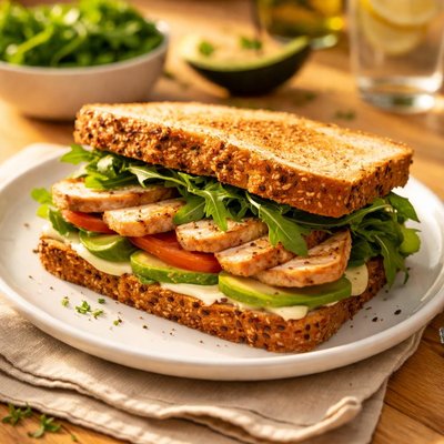 Chicken and avocado sandwich with greens