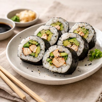 Chicken and avocado sushi rolls