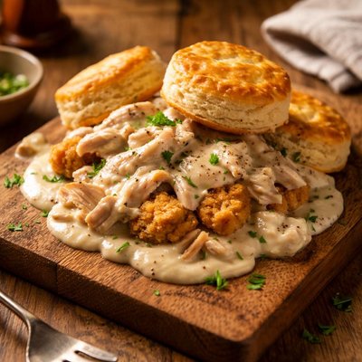 Chicken and biscuits with gravy