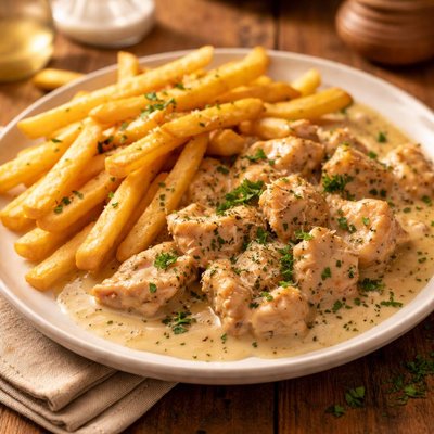 Chicken and chips in white sauce