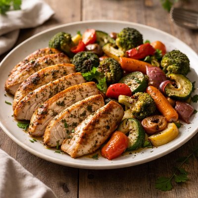 Chicken and fried veggies