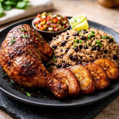 Chicken and rice with beans and plantains