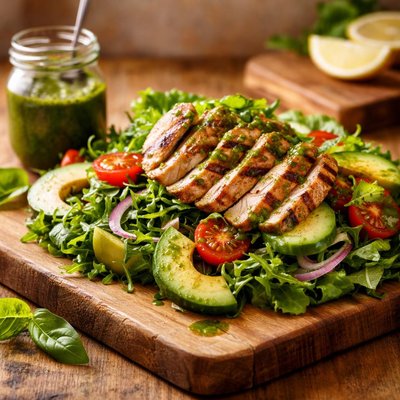 Chicken and salad and basil pesto dressing