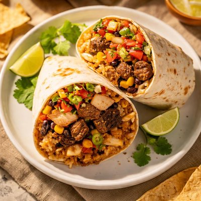 Chicken and steak burrito