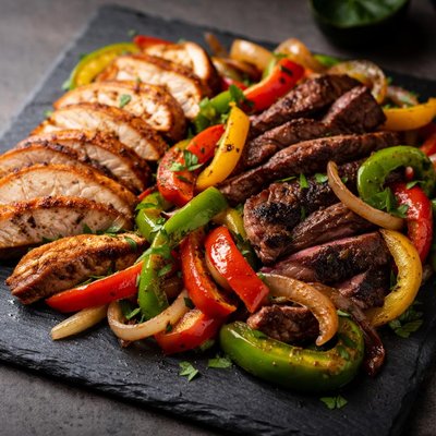 Chicken and steak peppers and onions