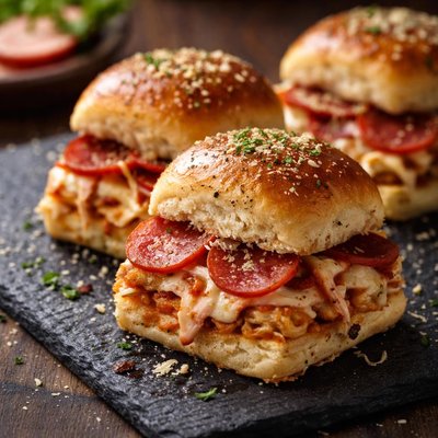 Chicken and turkey pepperoni pizza slider