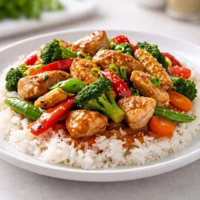 Chicken and vegetable stir-fry with rice