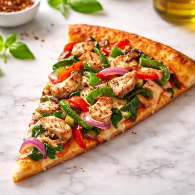 Chicken and veggie pizza slice