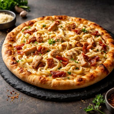 Chicken bacon fettuccine pizza