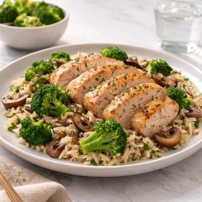 Chicken breast broccoli mushroom rice