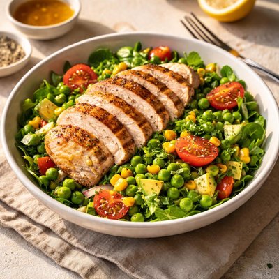 Chicken breast corn peas salad