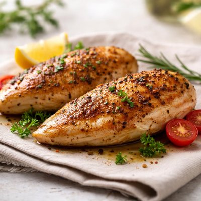 Chicken breast pan fried with olive spray