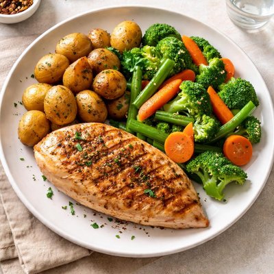 Chicken breast potatoes and veggies