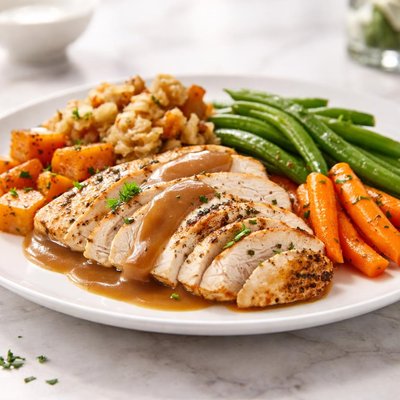 Chicken breast sweet potatoes stuffing green beans carrots gravy