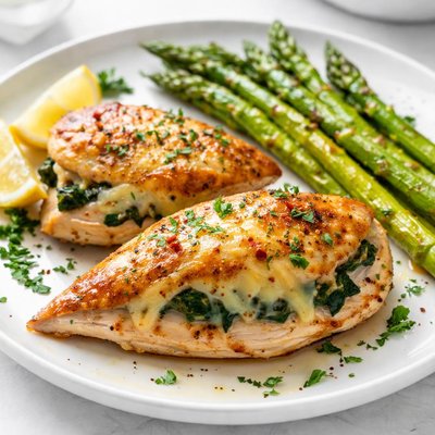 Chicken breast with cheese and asparagus