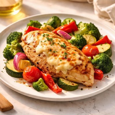 Chicken breast with cheese and vegetables