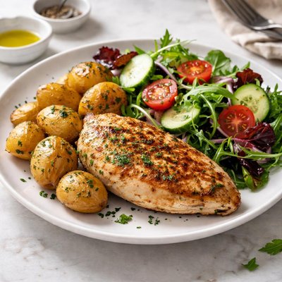 Chicken breast with potatoes and salad