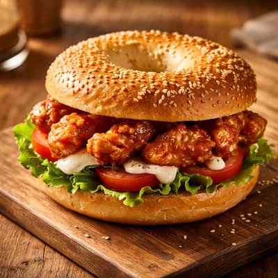 Chicken buffalo sauce bagel