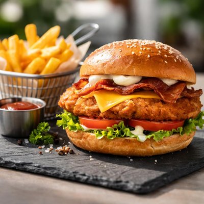 Chicken burger and chips