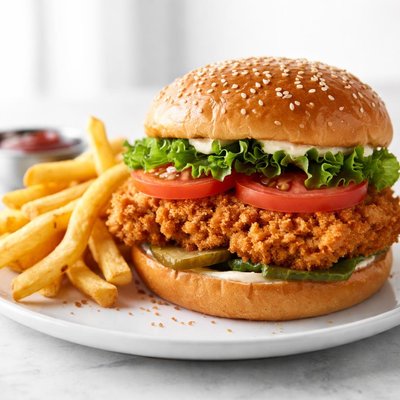 Chicken burger and fries