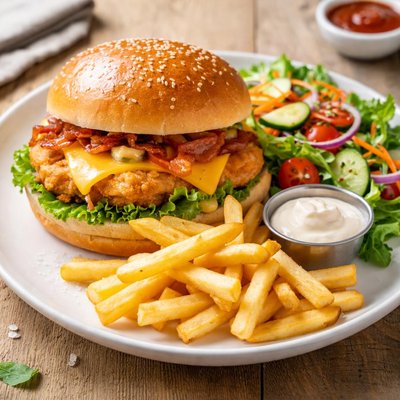 Chicken burger chips salad