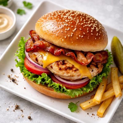 Chicken burger with cheese and bacon