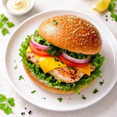 Chicken burger with cheese snd oarsley