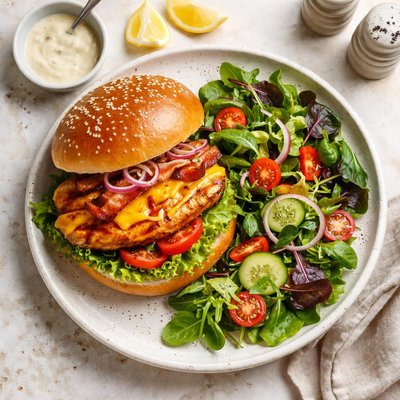 Chicken burger with salad