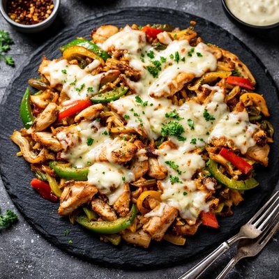 Chicken cheestake peppers and onions