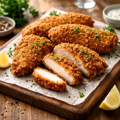 Chicken coated with bread crumbs