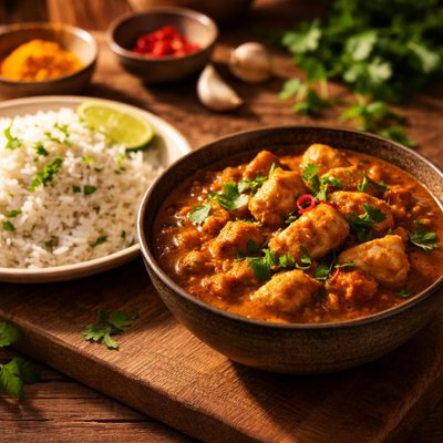 Chicken curry and a plate of rice