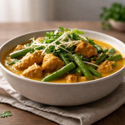 Chicken curry with green beans and sprouts