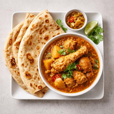 Chicken curry with large roti bread