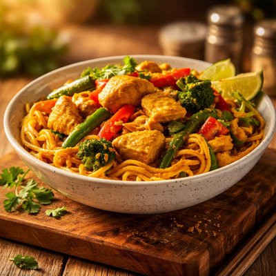 Chicken curry with noodles and vegetables