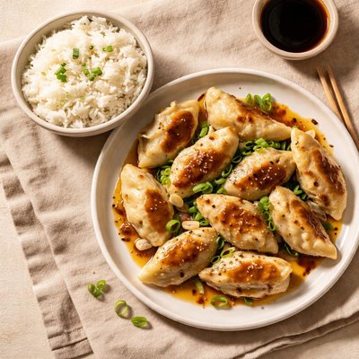 Chicken dumplings and white rice