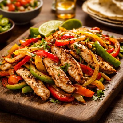 Chicken fajitas with bell peppers and onions