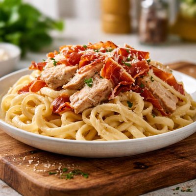 Chicken fettuccine alfredo with prosciutto
