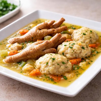 Chicken foot soup with dumplings