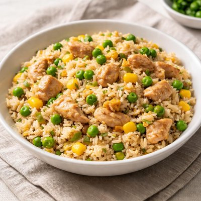 Chicken fried rice with peas and corn