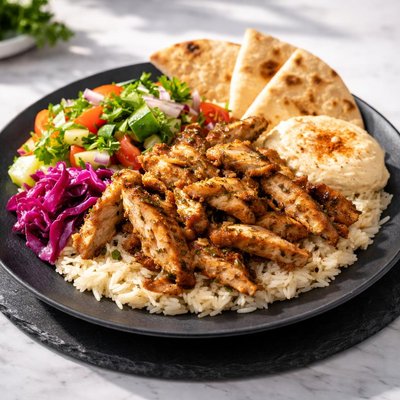 Chicken gyro bowl from nick the greek with no dressing and spicy yogurt
