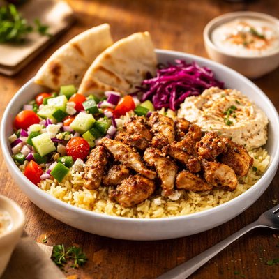 Chicken gyro bowl from nock the greek with no dressing and spicy yogurt