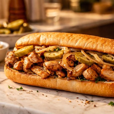 Chicken hoagy with onion and pickle