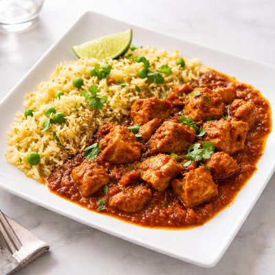 Chicken madras curry with pilau rice