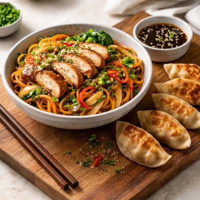 Chicken noodles with gyoza