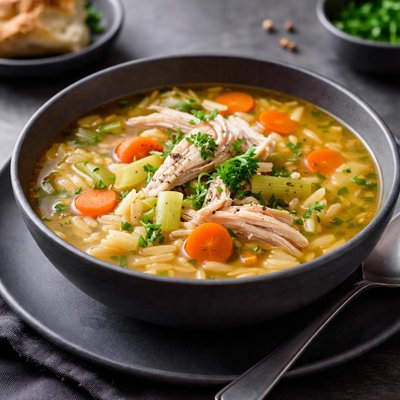Chicken orzo soup in bone broth with carrots onions celery leeks